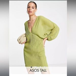 ASOS DESIGN Tall bias plisse mini dress with batwing sleeve in olive